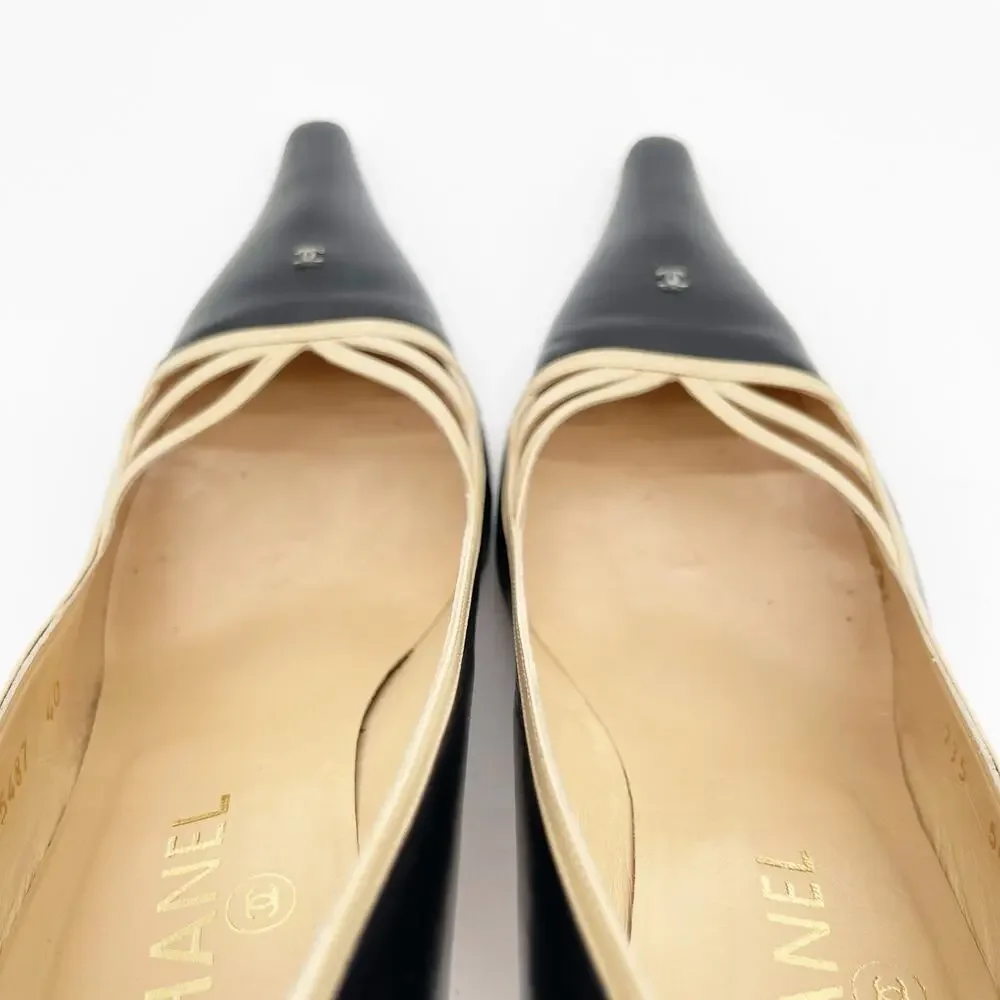 Chanel Vintage Black Leather Pumps Beige Crisscross Straps Micro CC Heels EU 40